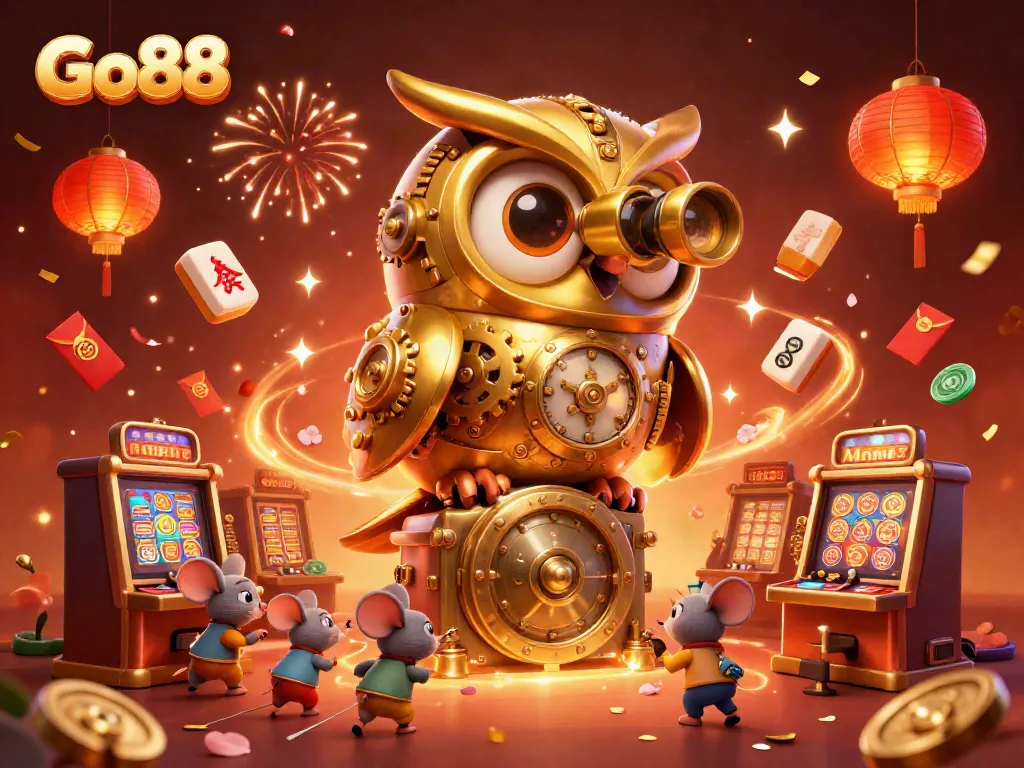Witness the engaging Go88 casino experience with an illustrated clockwork owl and cheerful mice among vibrant games.