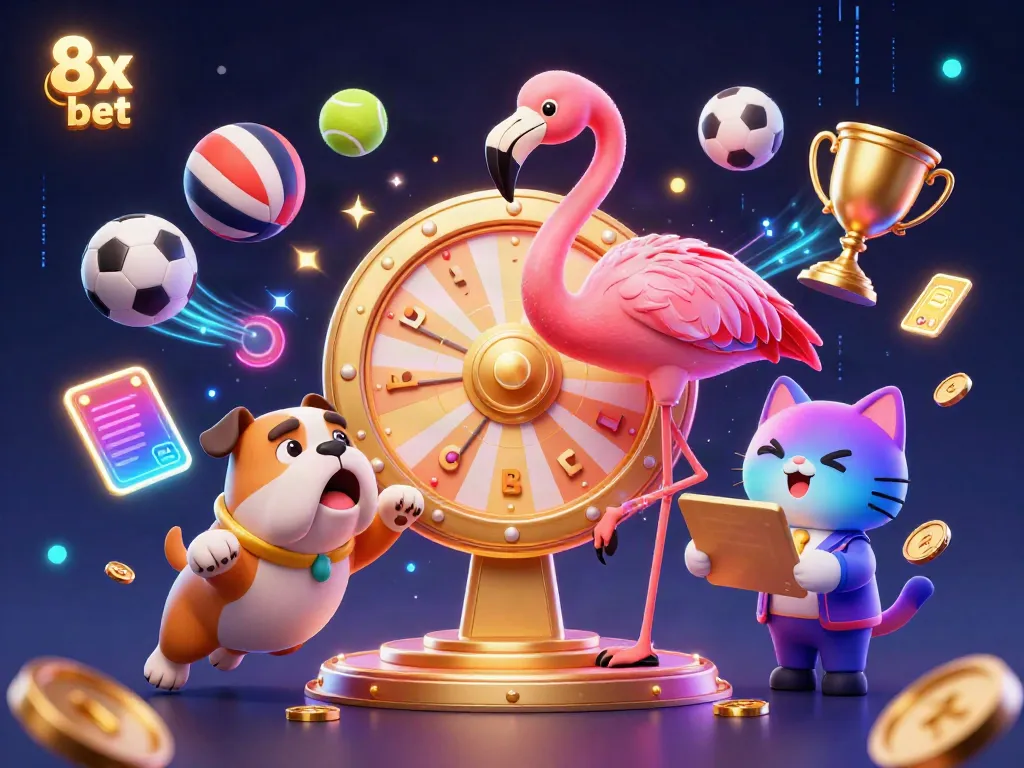 Engage in thrilling gameplay with 8x bet, represented in a vibrant casino scene featuring exciting characters.