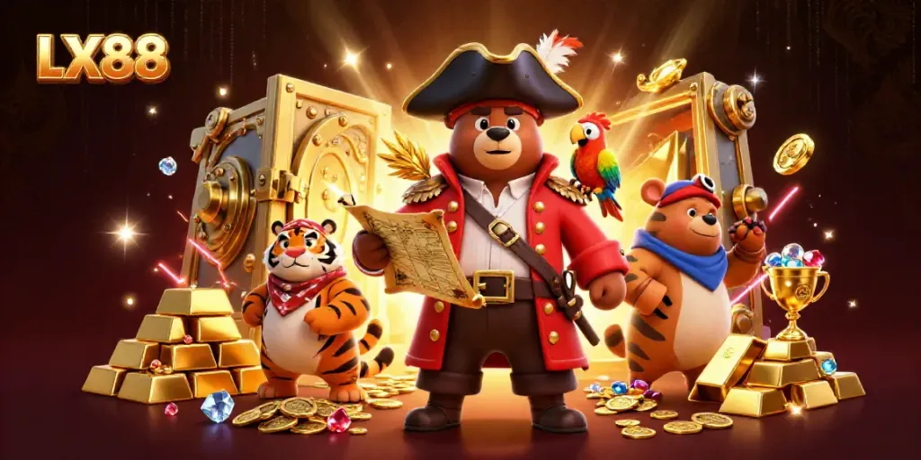 Experience thrilling gameplay with LX88 featuring treasure hunters amidst gleaming gold and jewels.