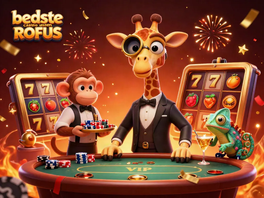 Experience exciting gameplay with the beste casino uden ROFUS featuring a high-roller giraffe at a slot machine.