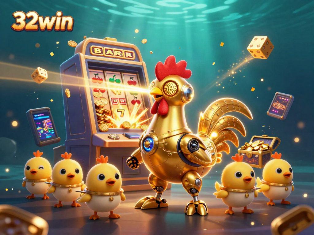 32win casino experience with a golden rooster robot and baby chick drones celebrating a jackpot.