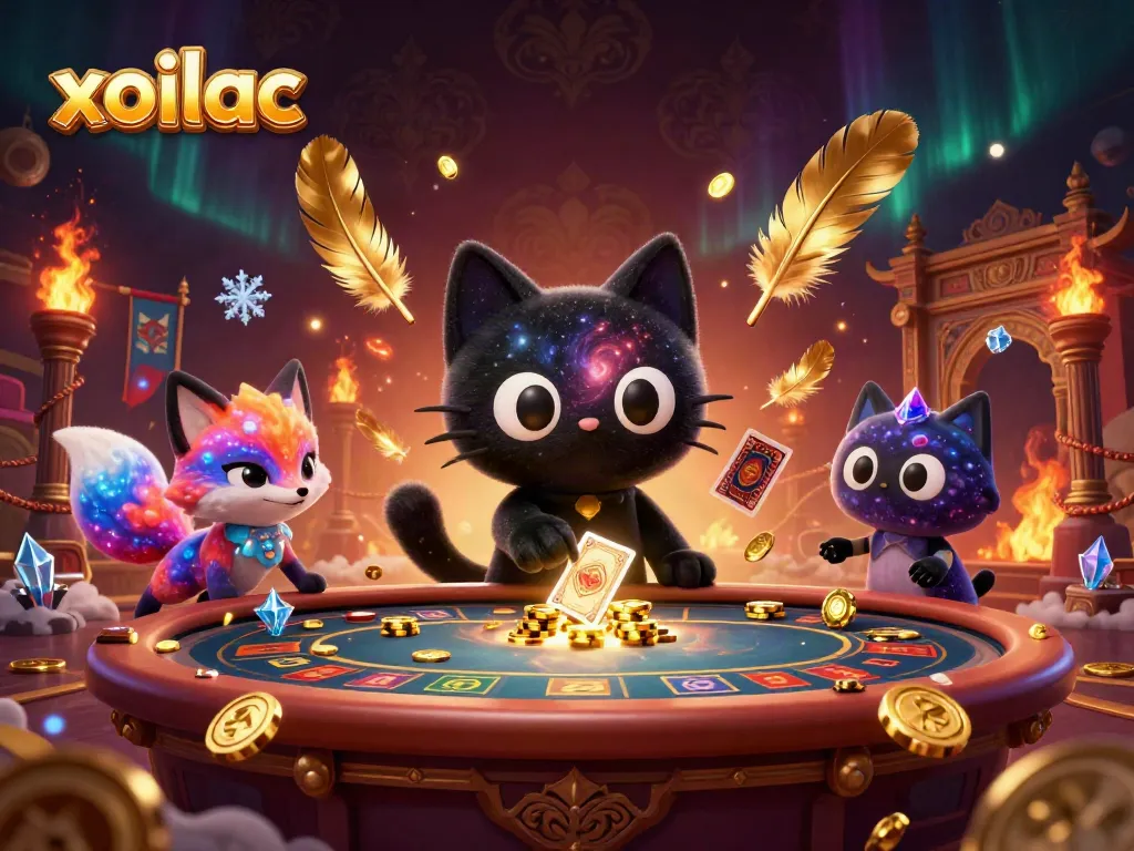 Xoilac delivers thrilling casino visuals with black hole cat and nebulous fox amidst vibrant casino elements.