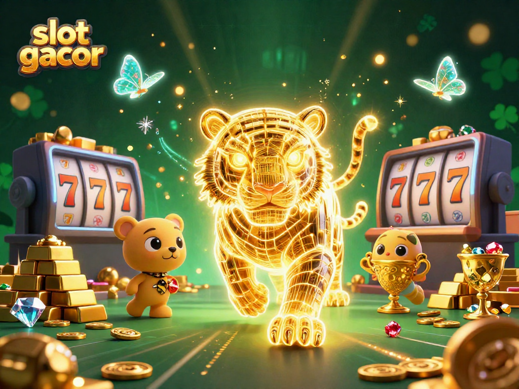 Experience slot gacor with a vibrant 3D digital casino scene featuring a golden tiger and treasures.