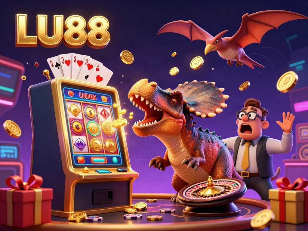 LU88 engages players in a dynamic casino scene with a pachycephalosaurus winning coins from a golden slot machine.