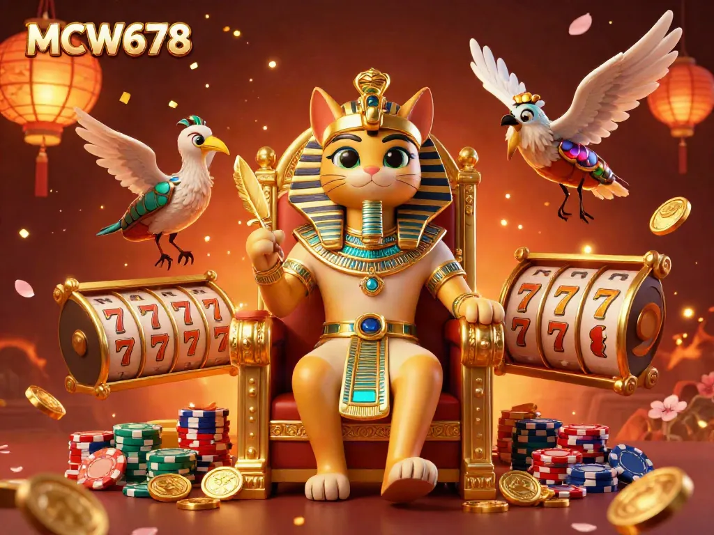 Experience the excitement at MCW678 with a vibrant 3D illustration of casino-themed elements.