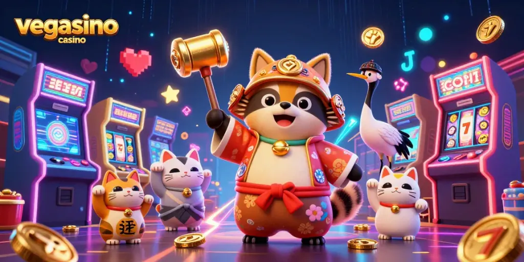 Engaging illustration of vegasino casino, featuring a cheerful tanuki and vibrant game elements.