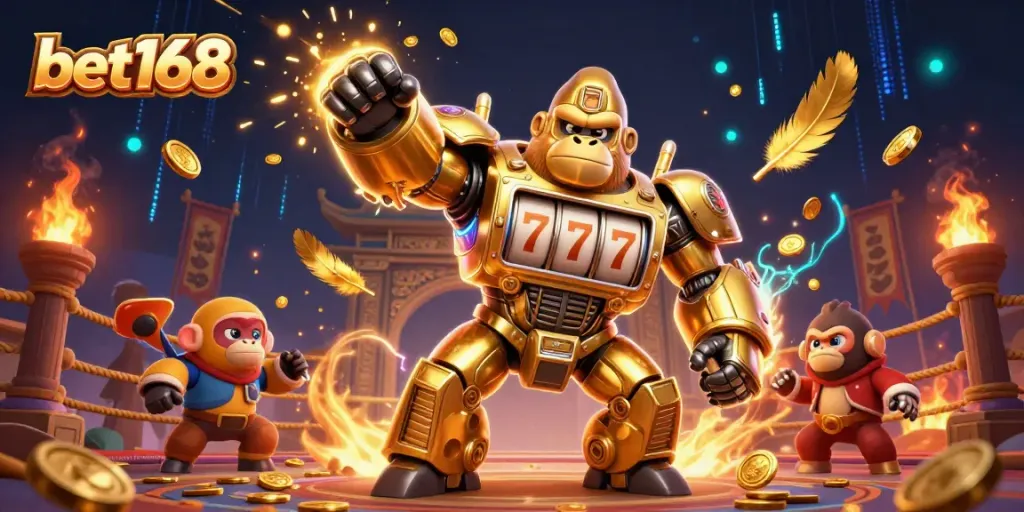 Experience thrilling gameplay at bet168 with a golden gorilla mech surrounded by vibrant casino elements