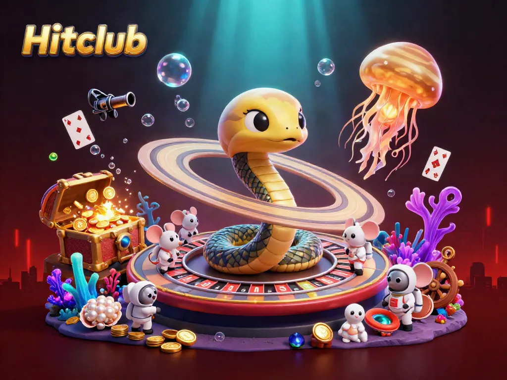 Hitclub's stunning casino atmosphere showcases cartoon characters coiling around a roulette wheel, vibrant gems, and glowing details.