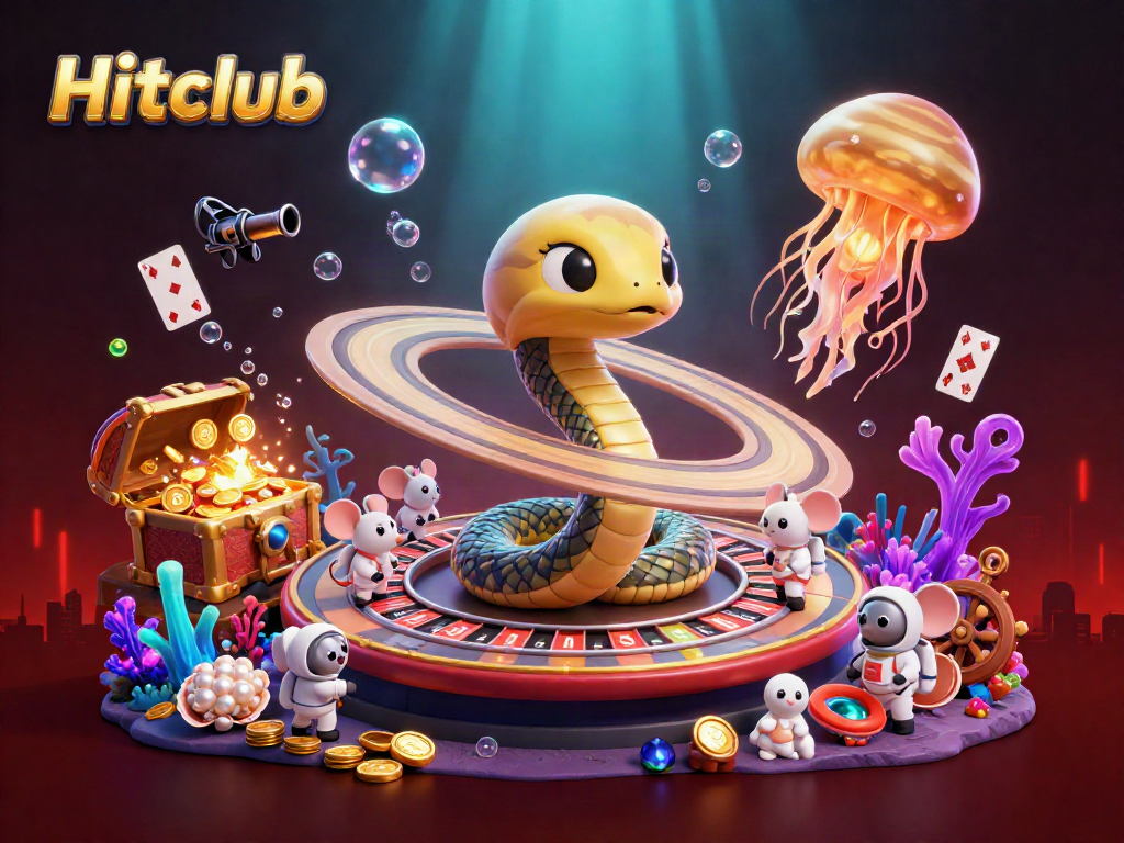 Hitclub's stunning casino atmosphere showcases cartoon characters coiling around a roulette wheel, vibrant gems, and glowing details.
