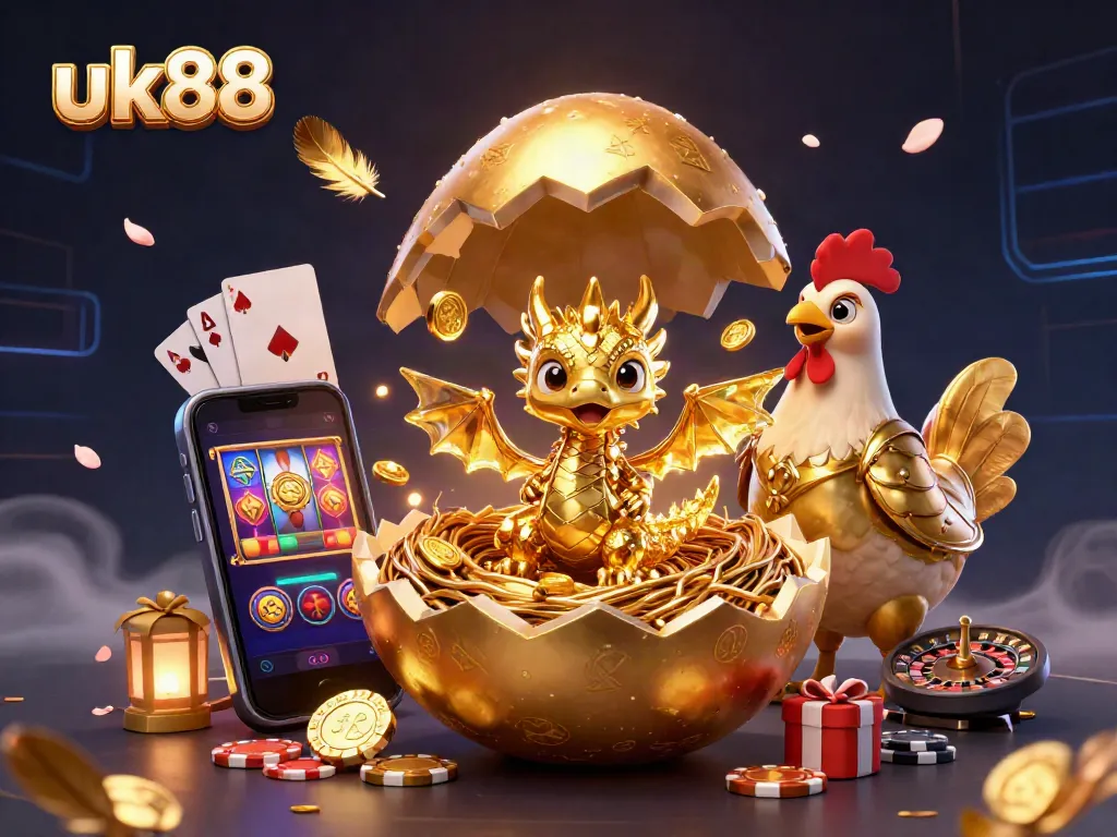 Experience thrilling wins at uk88 with a vibrant 3D scene of a golden dragon and slot game elements.