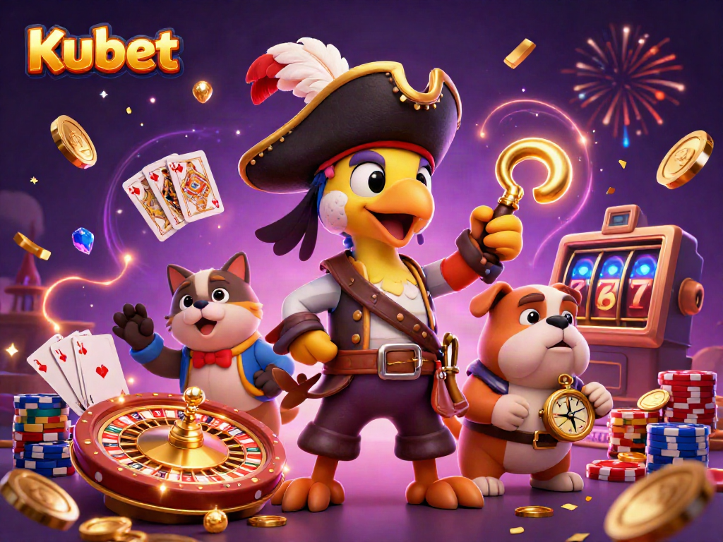 Kubet gaming scene with a pirate captain parrot, bulldog, and cat amidst golden coins and a spinning roulette wheel.