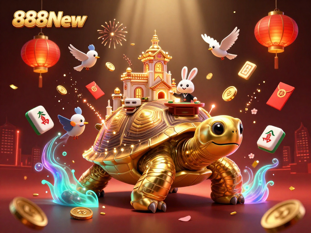 Play exciting games at 888New with vibrant casino elements including golden coins and lucky charms.