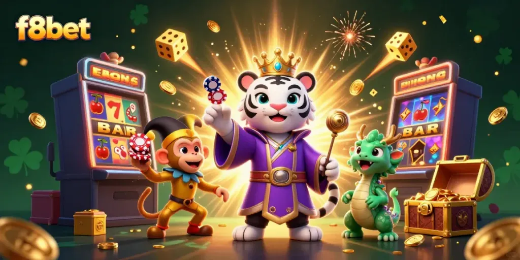 Experience thrilling gameplay at f8bet with vibrant casino elements, including slot machines and playful characters.