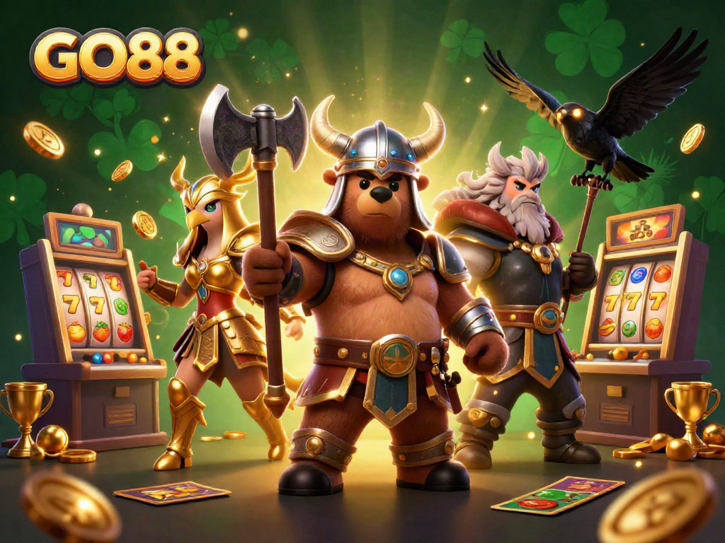 GO88 slot machines and Viking characters depict thrilling games in a casino setting.