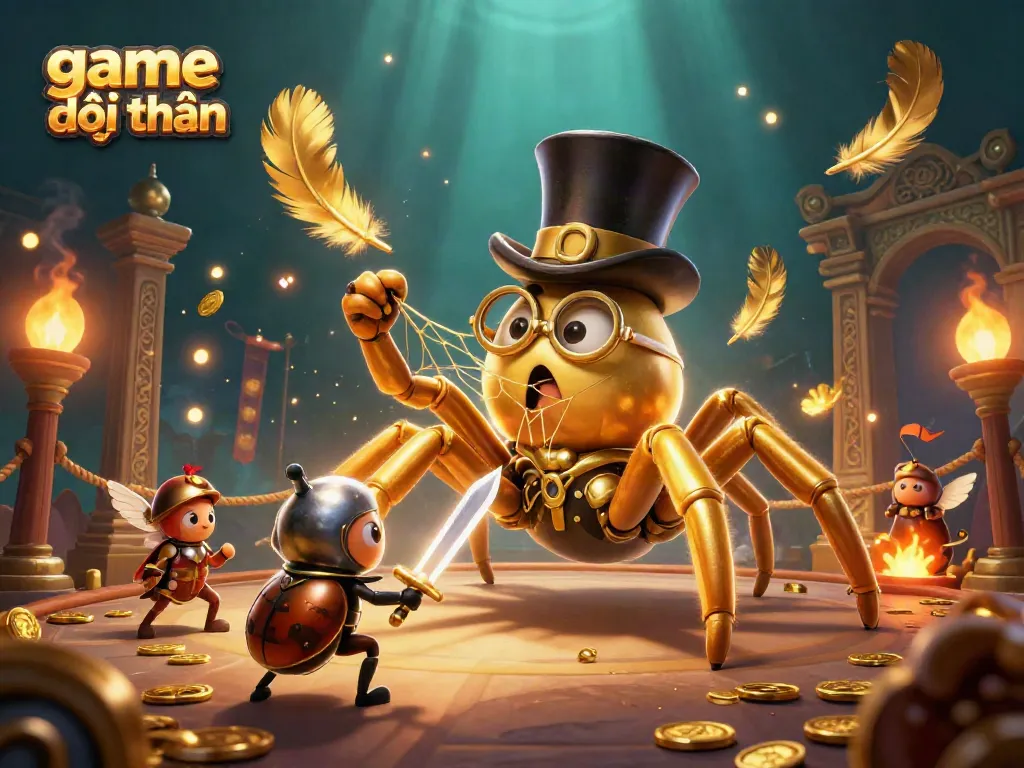 Experience the thrill of game đổi thưởng with a dynamic scene featuring a golden tarantula and a beetle knight amidst casino elements.