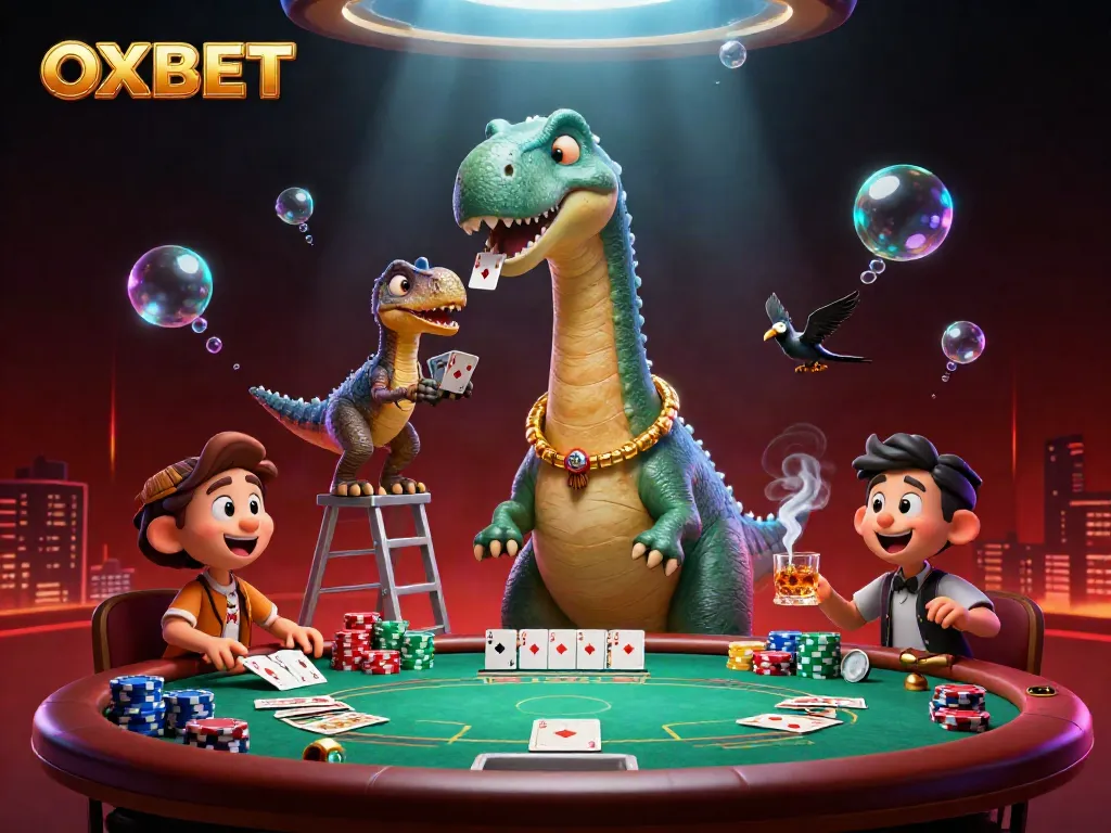 Experience dynamic gameplay at OXBET with cartoon dinosaurs in a vibrant casino scene.