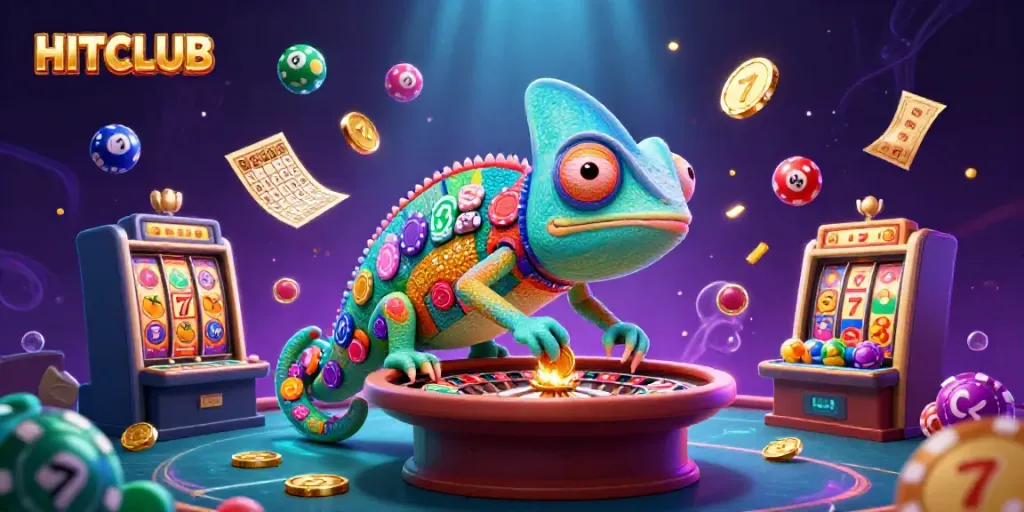 Engage in HITCLUB's vibrant casino scene featuring a dynamic chameleon owner and lively slot reels.