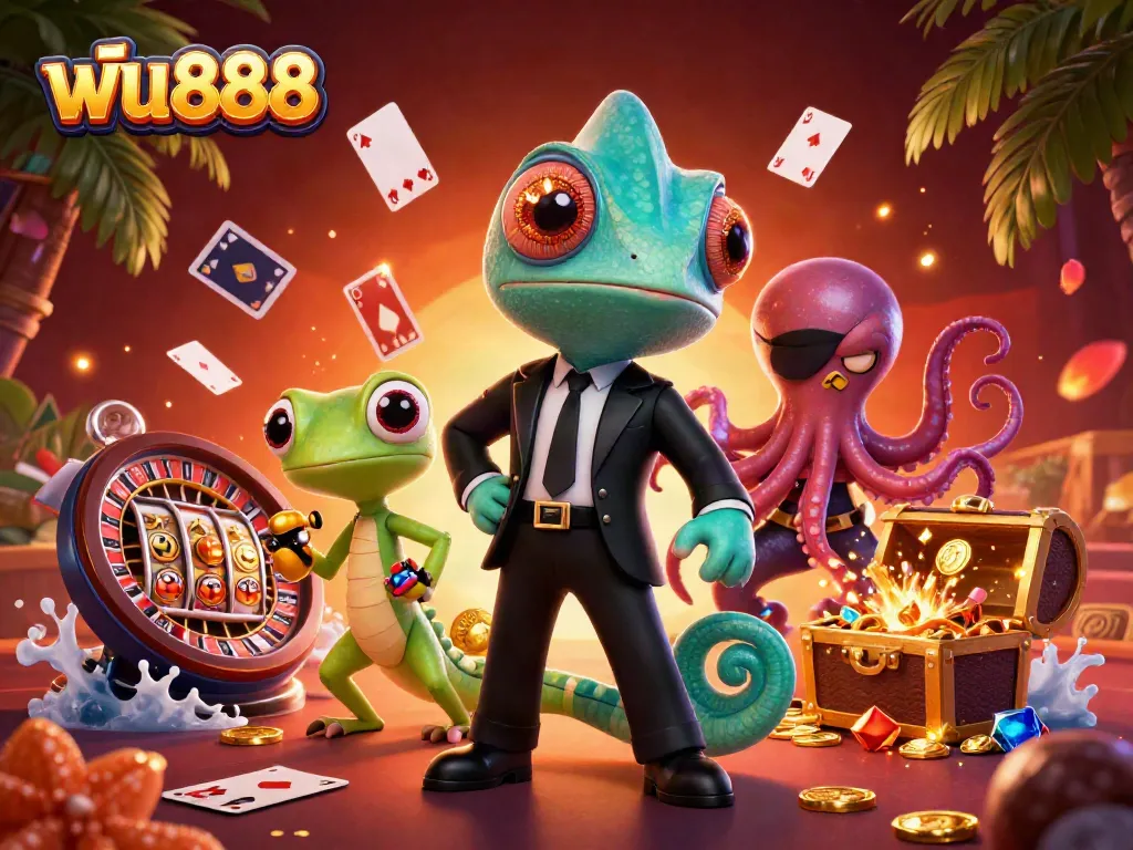 Experience thrilling action at ฟัน888 with our vibrant casino-themed 3D illustration featuring engaging characters.