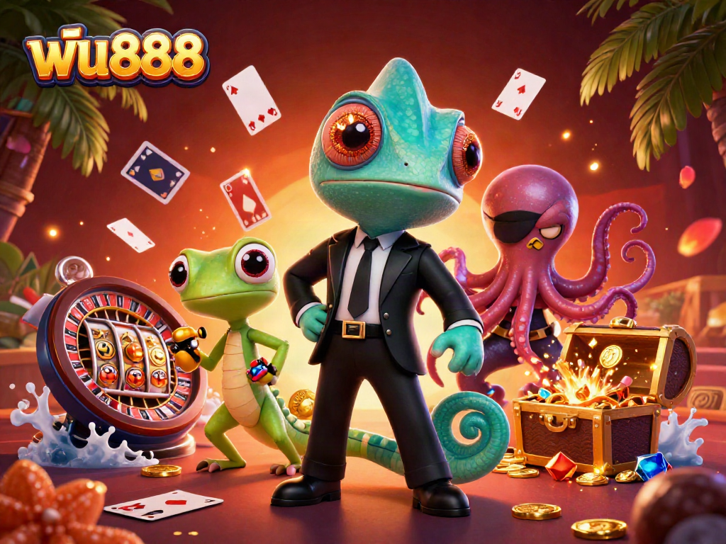 Experience thrilling action at ฟัน888 with our vibrant casino-themed 3D illustration featuring engaging characters.