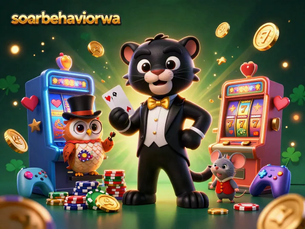 Engage with soarbehaviorwa's vibrant casino scene featuring colorful slot reels and charming characters.