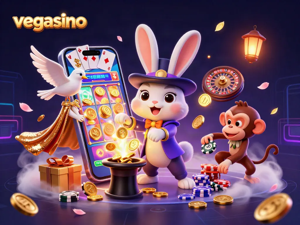 Experience Vegasino's magic with a dazzling rabbit and vibrant casino-themed characters amidst swirling golden coins.