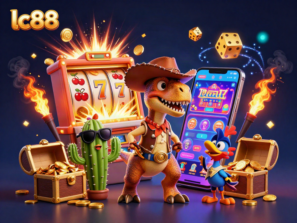 Experience the excitement of lc88 with an animated T-Rex cowboy amidst a jackpot explosion in this vibrant casino scene.