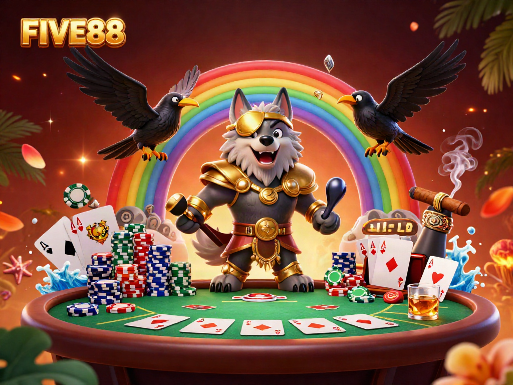 Engage in epic casino adventures with FIVE88 featuring Odin wolf, vibrant poker elements, and enchanting visuals.