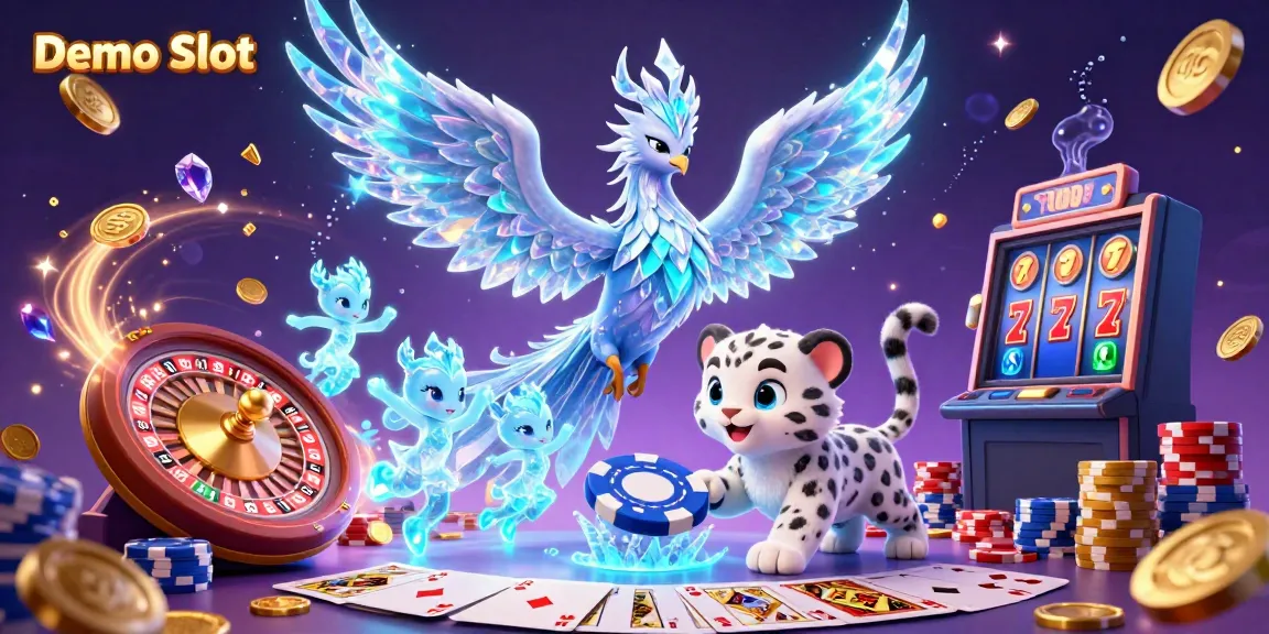 Engage with mesmerizing Demo Slot visuals featuring an ice phoenix, playful snow leopard, and dazzling casino elements.