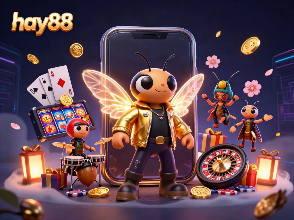 Experience thrilling casino action at hay88 with a vibrant cartoon scene featuring slot games, coins, and performers.