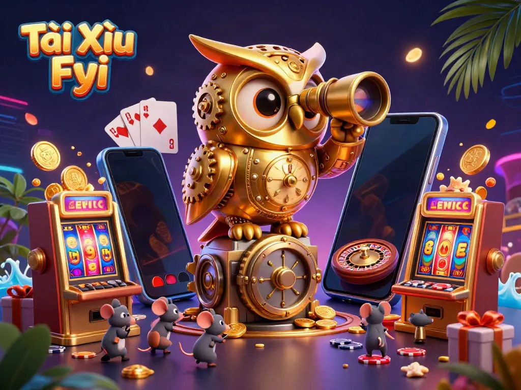 Tài Xỉu Fyi game scene featuring a golden owl, tiny patrons, and casino elements.