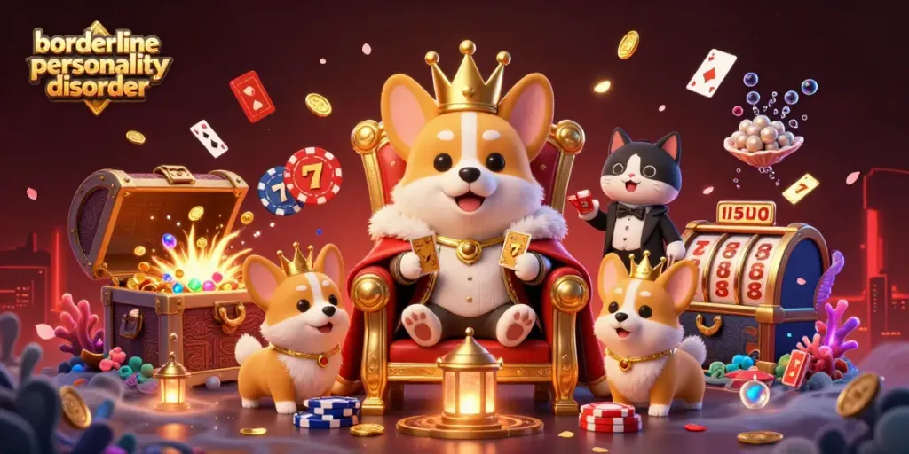 Engaging 3D illustration of a corgi king at a casino, embodying borderline personality disorder themes for gamblers