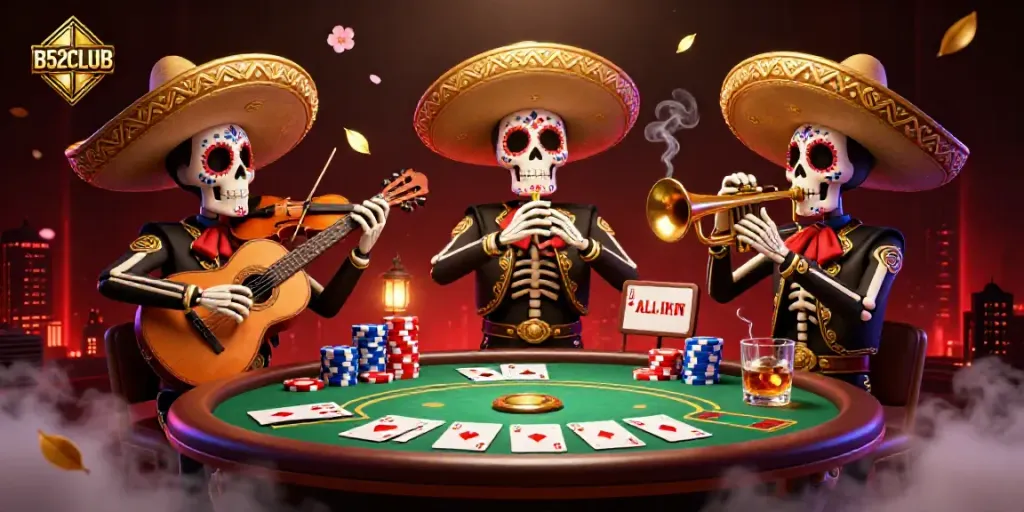 B52CLUB showcases a vibrant 3D mariachi band at a poker table with colorful chips, embodying casino excitement.