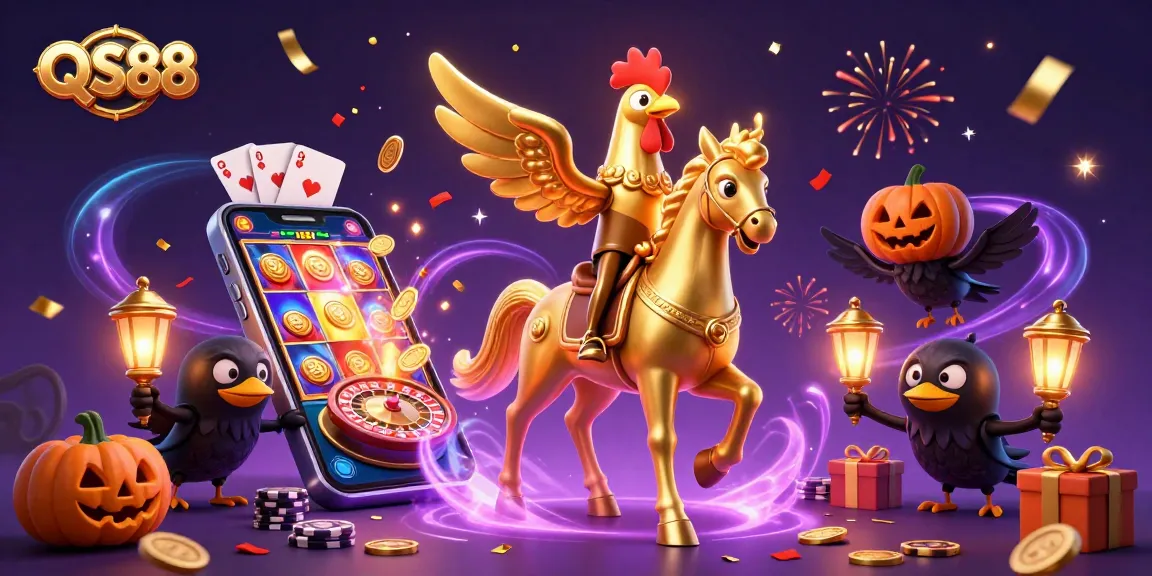 Experience thrilling moments at QS88 with a golden rooster navigating an enchanted casino scene.