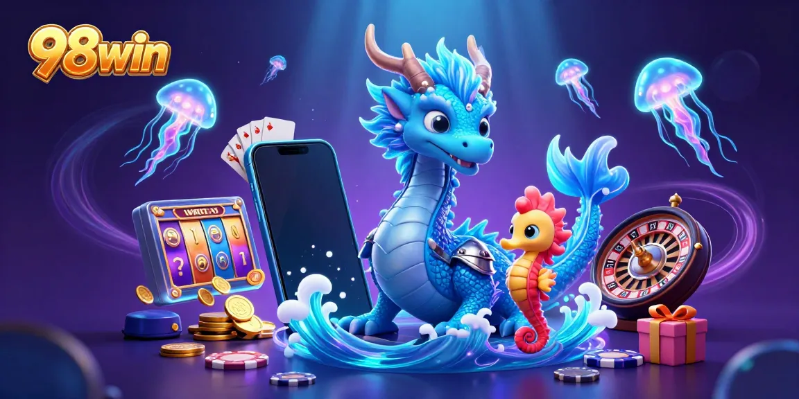 Engage with 98win through an exciting underwater casino adventure featuring a dragon, seahorse, and jellyfish.