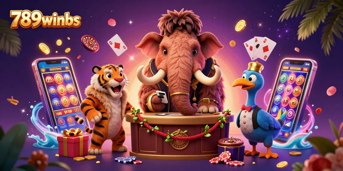 Experience 789winbs action with a vibrant casino scene featuring a woolly mammoth bouncer and slot games.