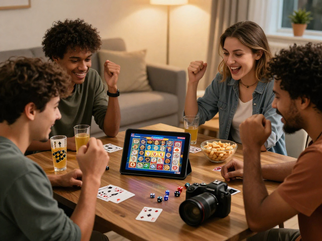 Friends enjoying GACORMAX mobile slots in a cozy living room, showcasing excitement and winning moments.
