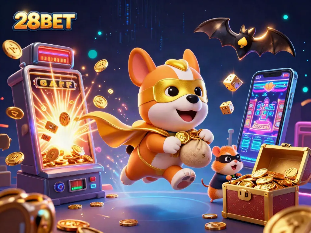 Experience thrilling wins with 28BET in an exciting casino atmosphere showcasing animated characters and vibrant game elements.