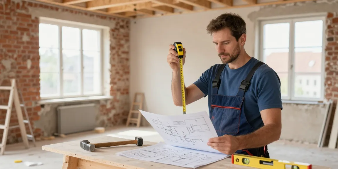 Altbausanierung Augsburg: Handwerker bewertet den Zustand eines Altbaus während der Renovierung.