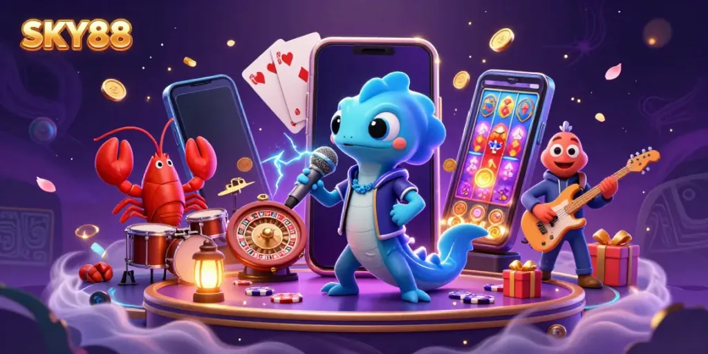 Experience the excitement of SKY88 with an electric eel DJ performing at an underwater casino stage, surrounded by vibrant game elements.