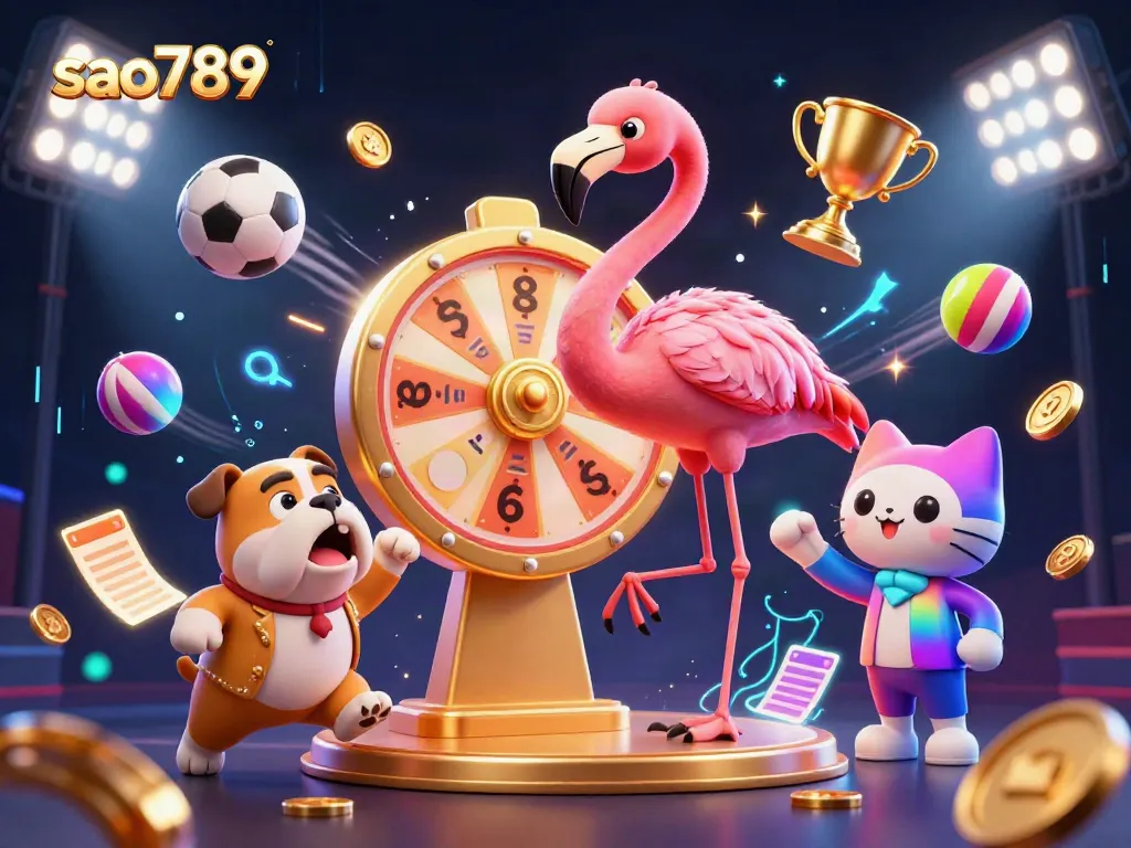 Engage with sao789’s exciting gameplay, featuring a flamingo host, bulldog contestant, and vibrant gaming elements.