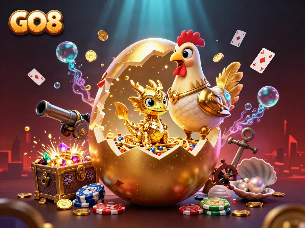 Experience the excitement with GO8 as a golden dragon emerges among vibrant casino elements and shimmering treasures.