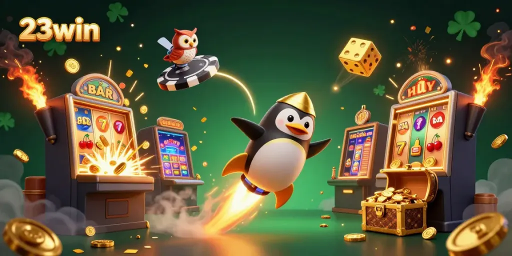 Experience the thrill of 23win as a golden penguin races through space to a casino station with dazzling jackpots.