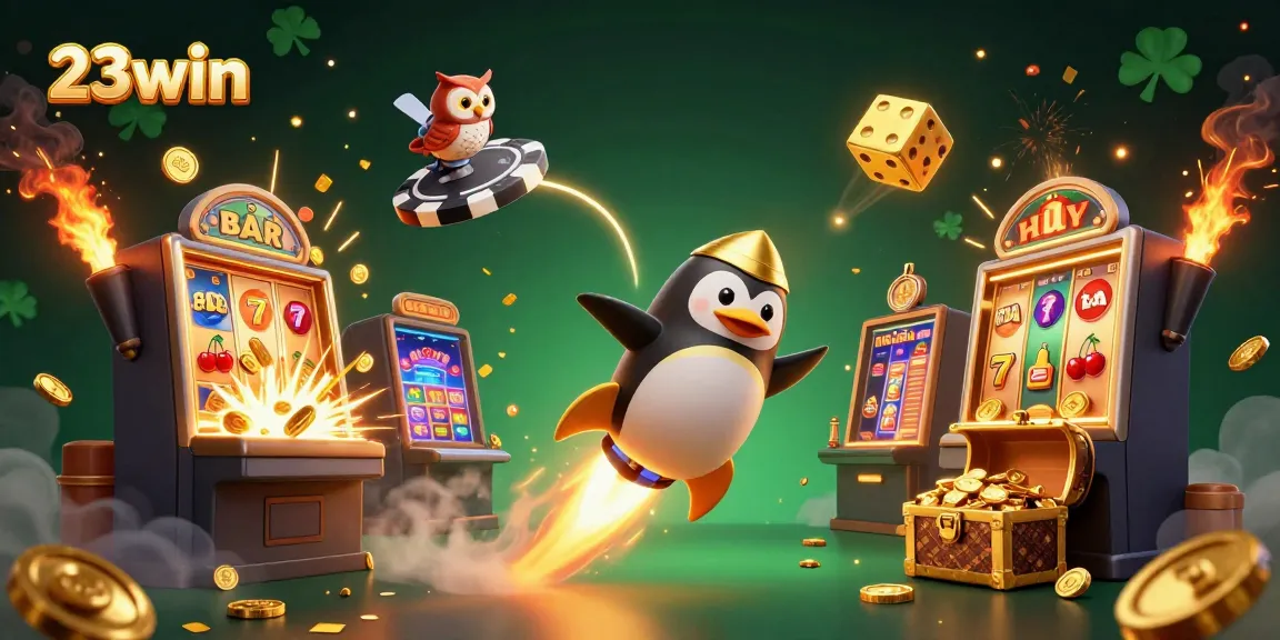 Experience the thrill of 23win as a golden penguin races through space to a casino station with dazzling jackpots.