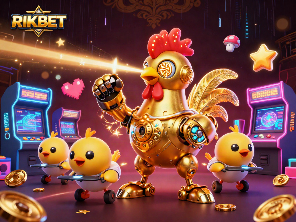 Engage with RIKBET's vibrant casino experience featuring a golden rooster robot and arcade elements.