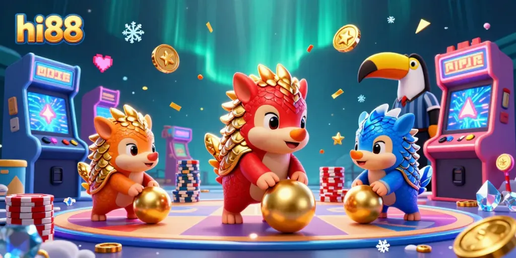 hi88 pangolins compete, bowling through poker chips in vibrant casino scene.