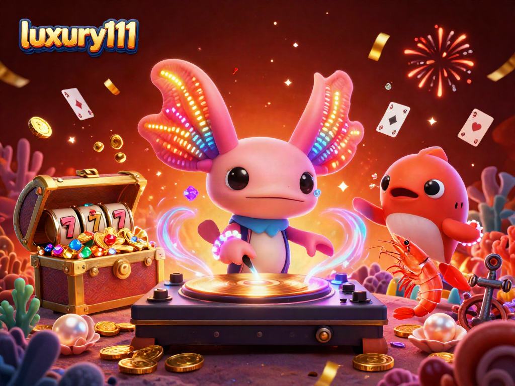 Experience the excitement of luxury111 with a vibrant axolotl DJ and slot games amidst colorful underwater treasures.