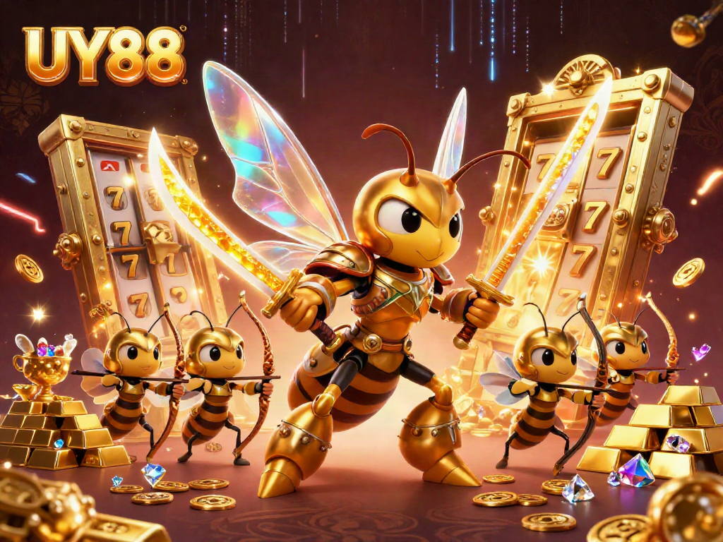 Experience exciting UY88 slot games with golden treasures and a cartoon samurai hornet.