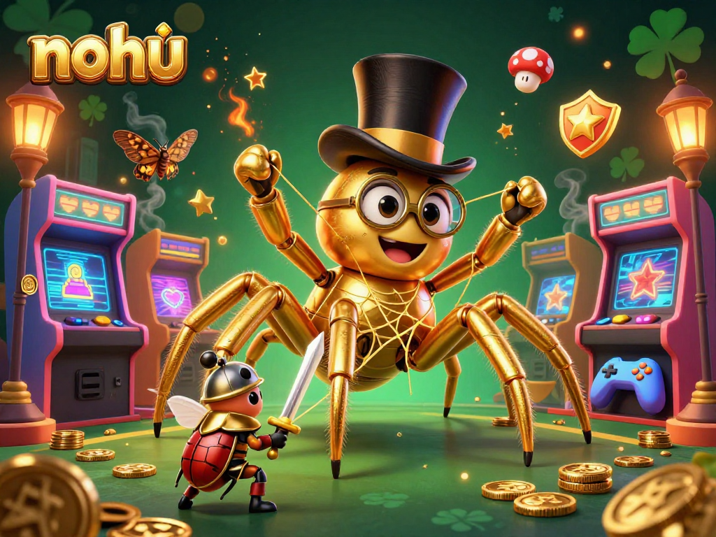 Nohu casino scene featuring a golden tarantula and beetle knight among vibrant gaming elements.