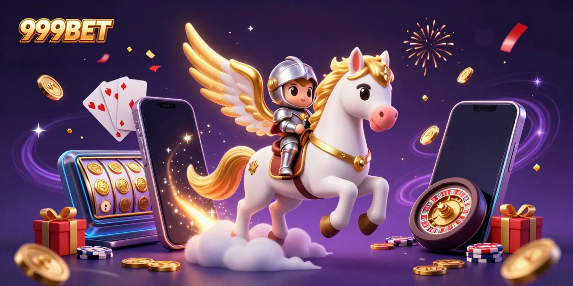 Experience thrilling adventures with 999BET's vibrant casino-themed illustration featuring a celestial horse.