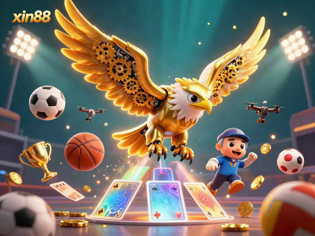 Play exciting games at xin88, featuring a cybernetic eagle amidst dynamic sports elements.